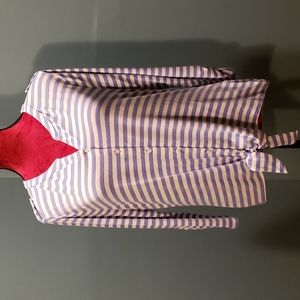 Chico's Blue and White Striped Button-Front Tie-Hem Top